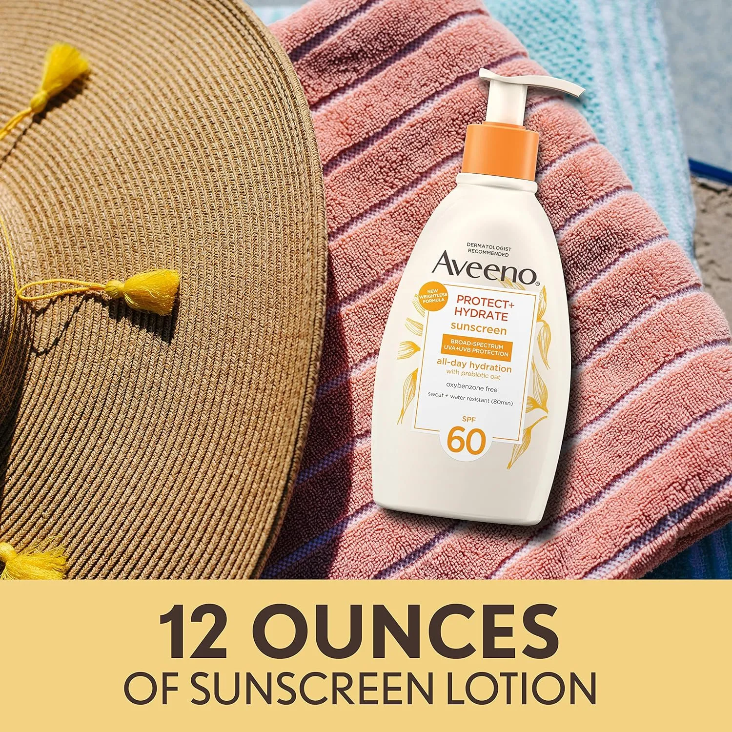 Aveeno Protect   Hydrate Sunscreen Moisturizing Body Lotion with Broad Spectrum SPF 60 and Prebiotic Oat, Weightless, Paraben, Oxybenzone, and Oil Free Sunscreen, 12 FL OZ