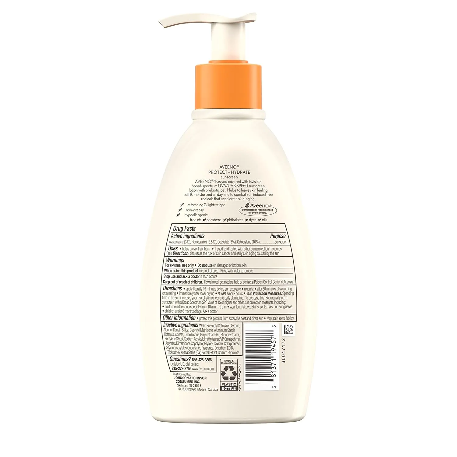 Aveeno Protect   Hydrate Sunscreen Moisturizing Body Lotion with Broad Spectrum SPF 60 and Prebiotic Oat, Weightless, Paraben, Oxybenzone, and Oil Free Sunscreen, 12 FL OZ